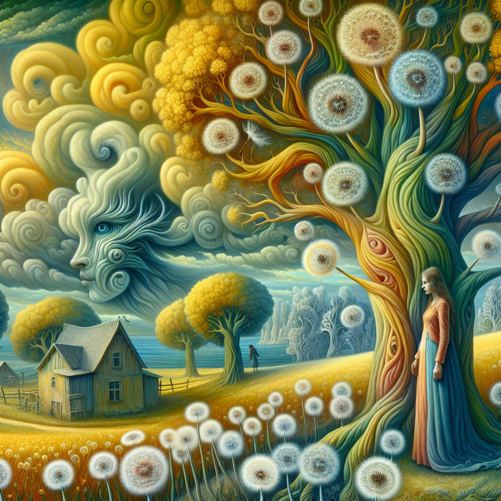 Surreal Landscape with Dandelion Tree and Woman