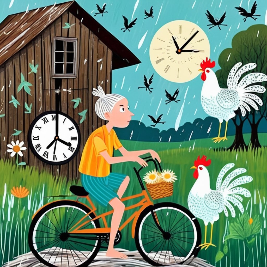 Elderly Person Cycling in Vibrant Green Landscape