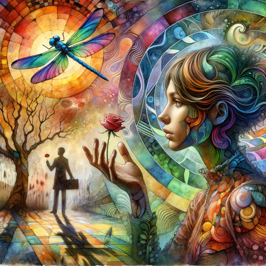 Surreal Landscape with Woman, Rose, and Dreamlike Elements