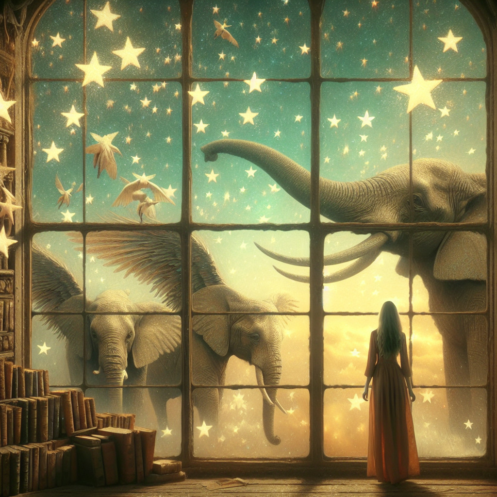 Young woman by ornate window with elephants and birds