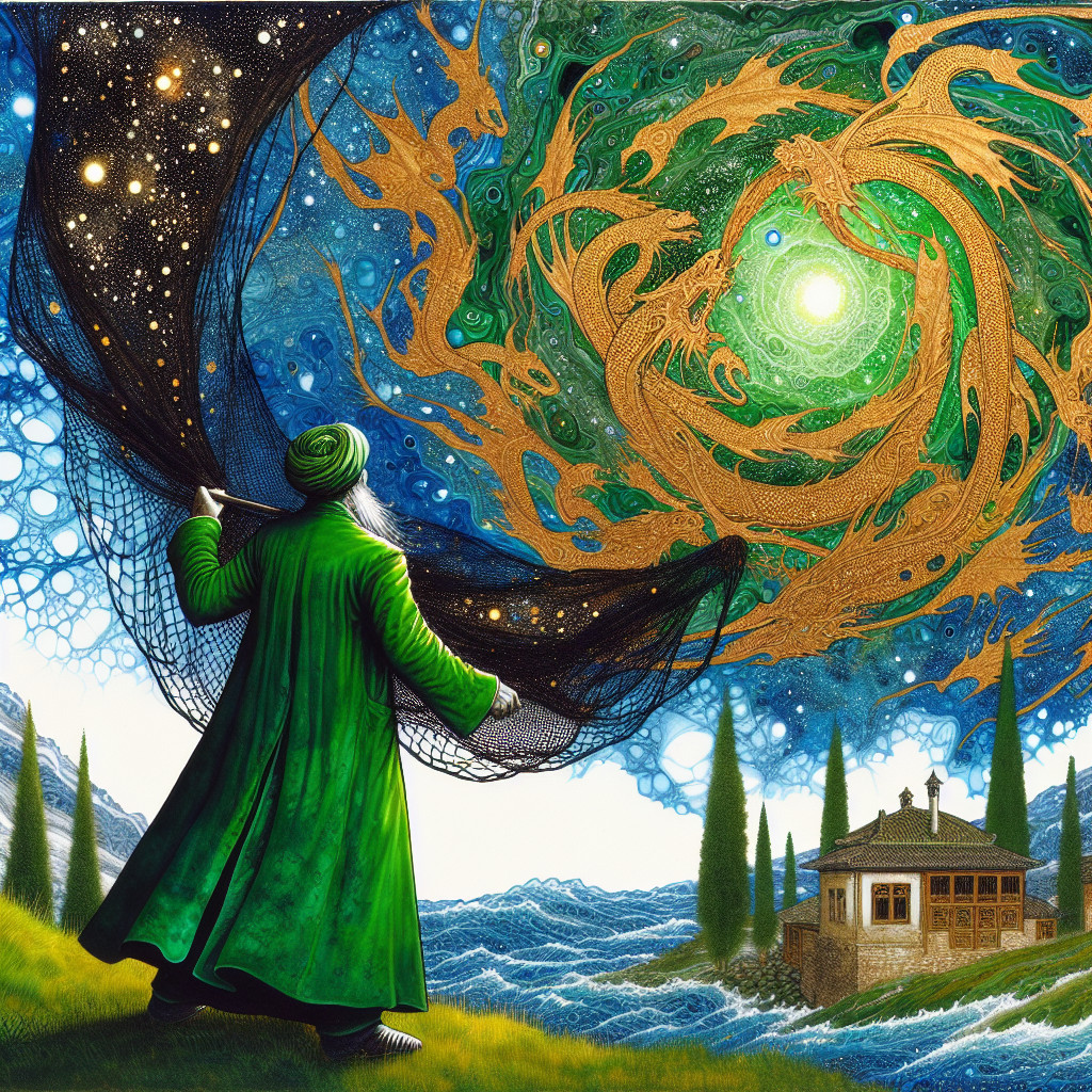 Mystical Figure in Green Robe on Vibrant Landscape
