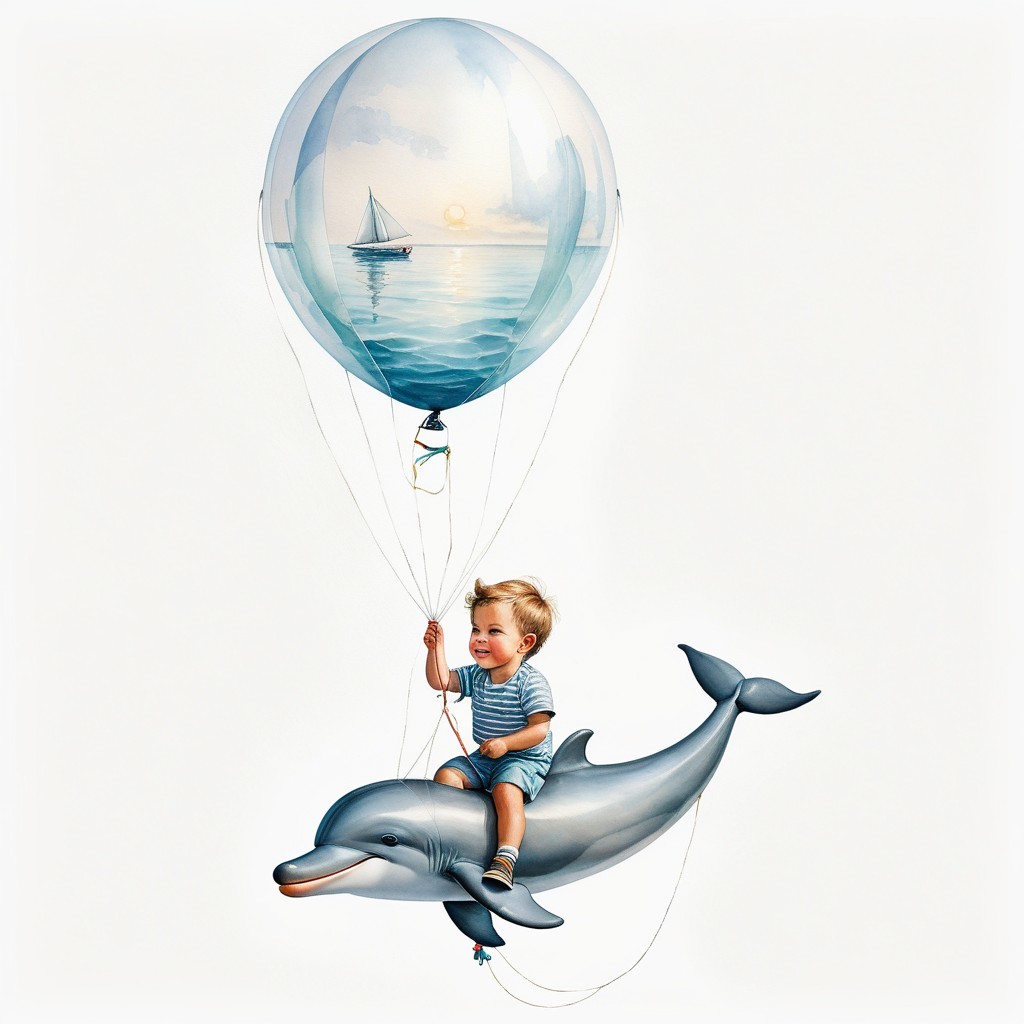Child on Dolphin with Colorful Balloons and Ocean Scene