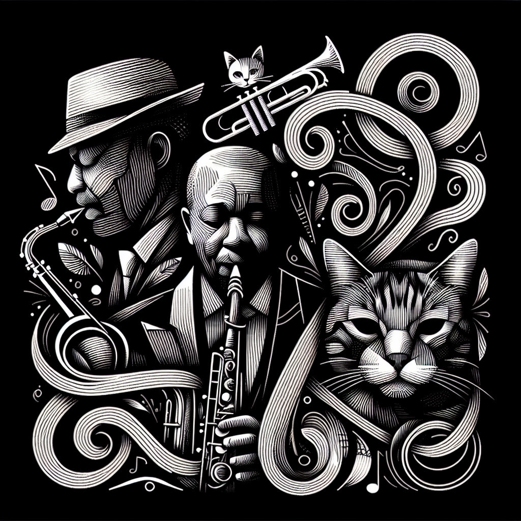 Black-and-White Illustration of Jazz Musicians and Cat