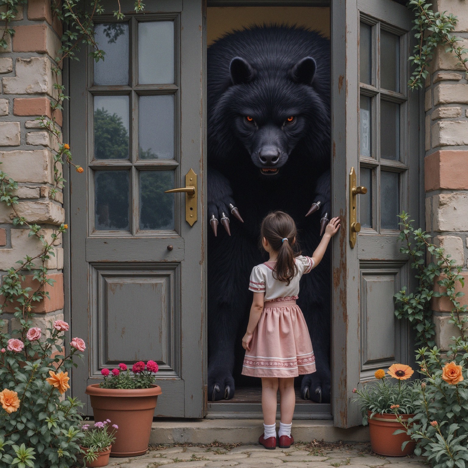 Little Girl and Menacing Black Bear at Doorway