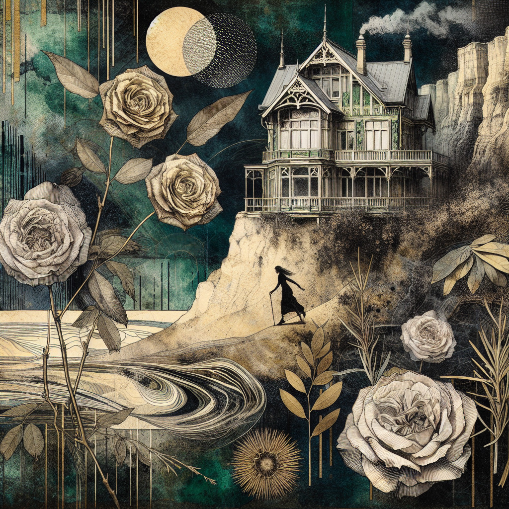 Art Deco Watercolor of Gothic Mansion and Ocean Scene