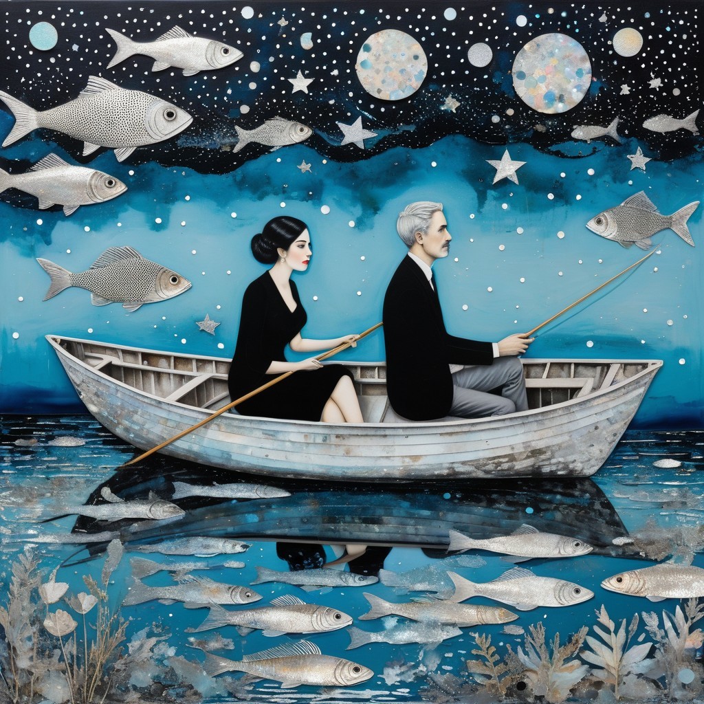Couple Fishing on Tranquil Lake Under Starry Sky