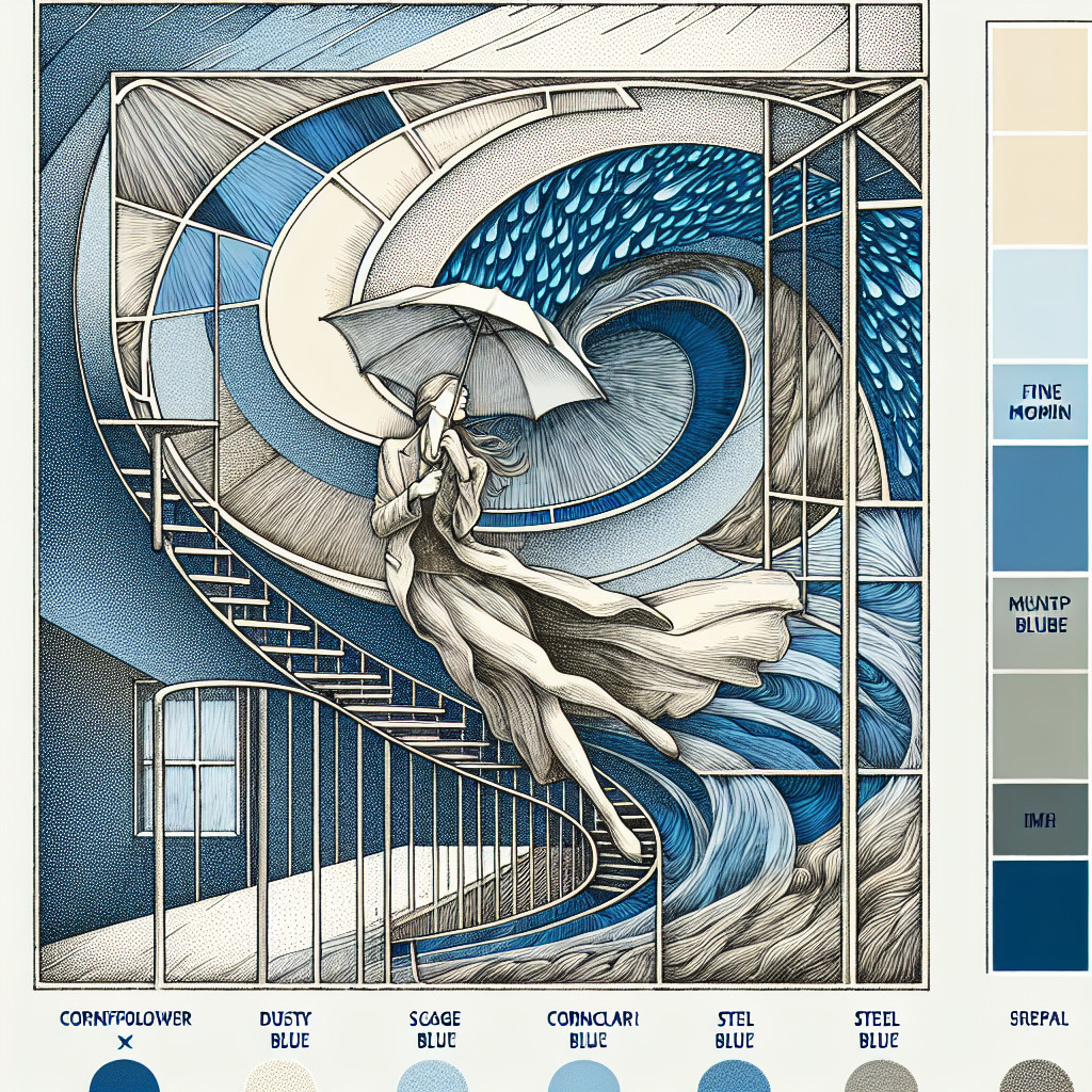 Woman with Umbrella Surrounded by Waves and Stairs