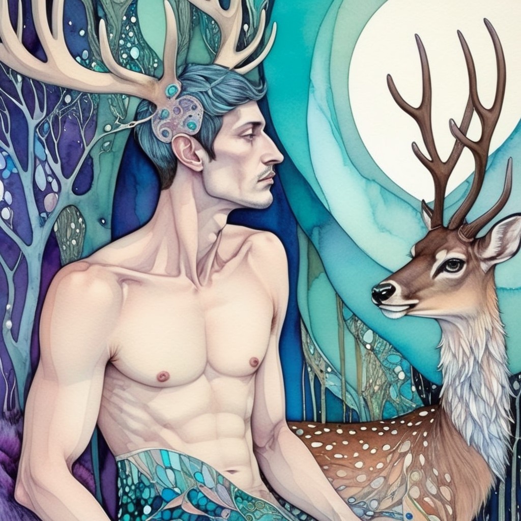 Surreal Artwork of a Man with Antlers and Deer