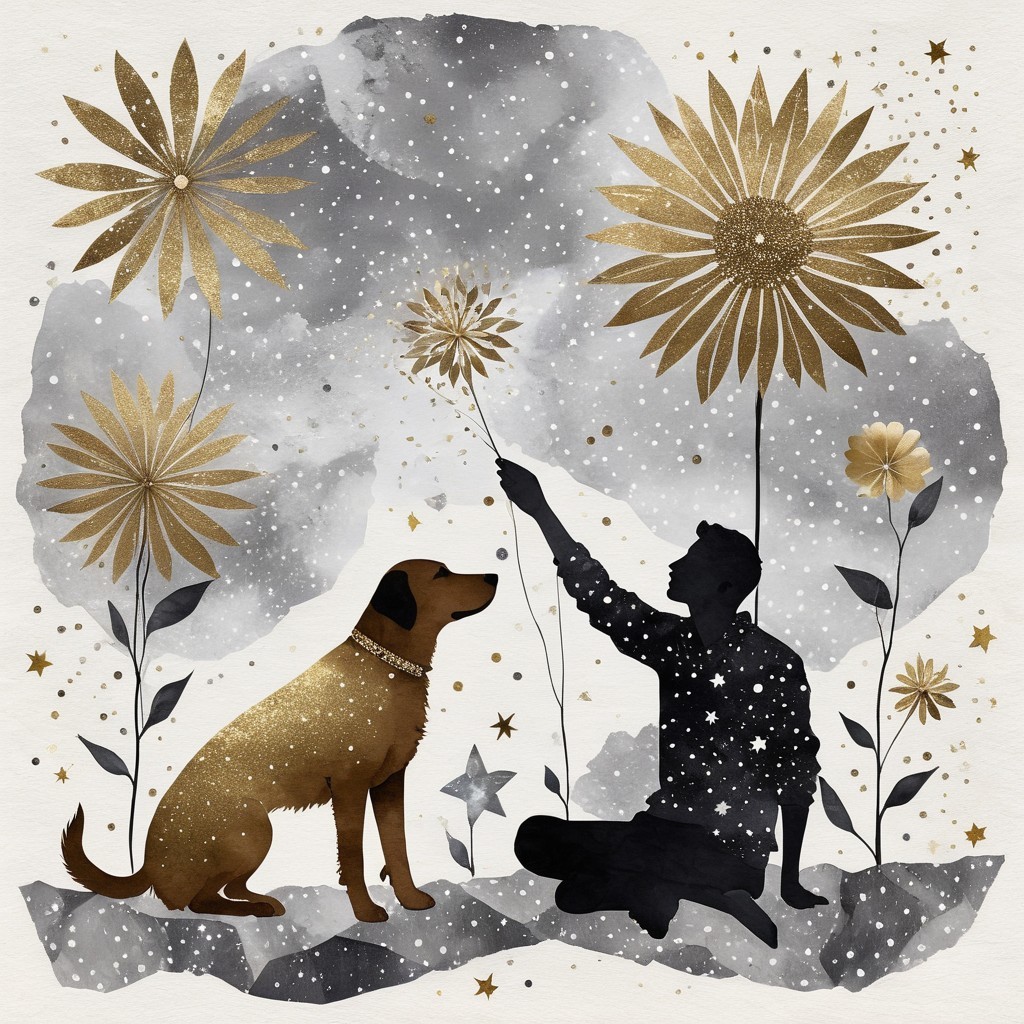 Silhouette of a boy and dog in a starry scene