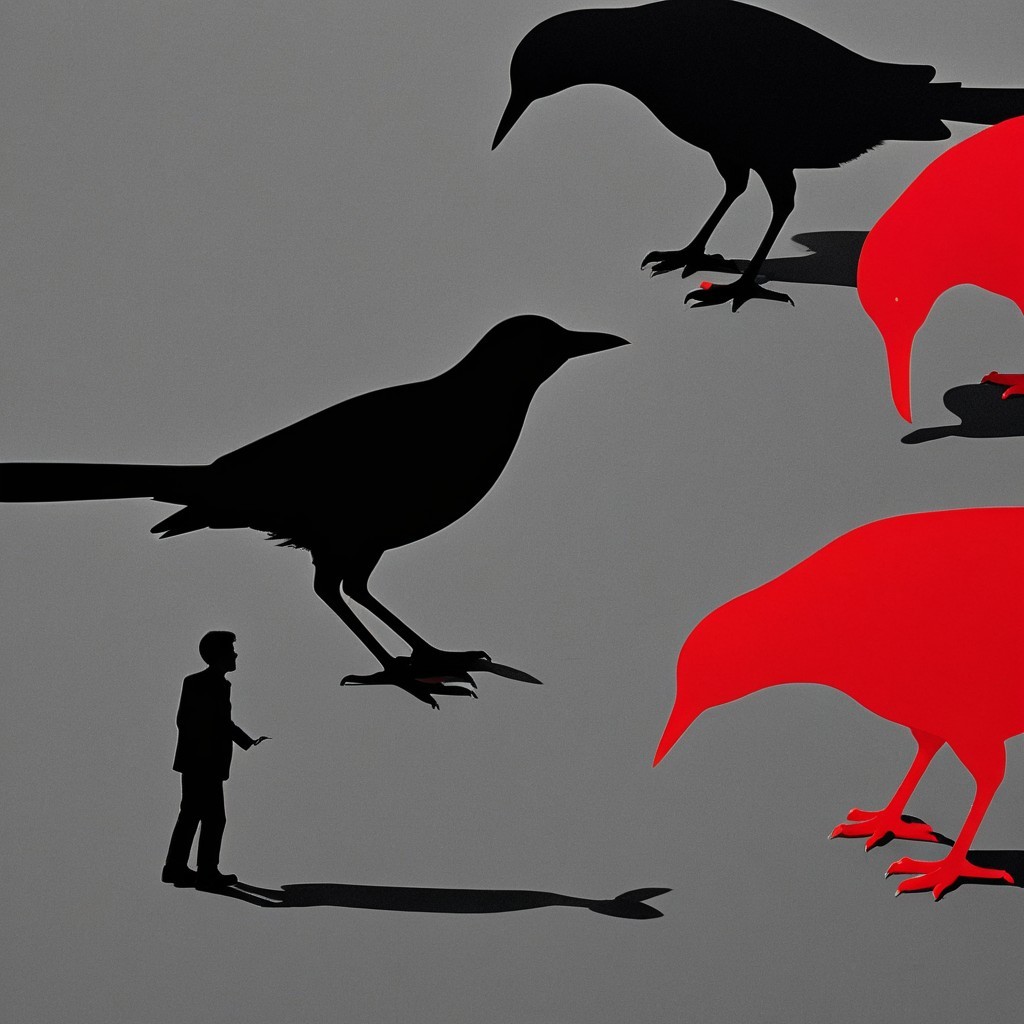 Silhouette of a man with large stylized birds