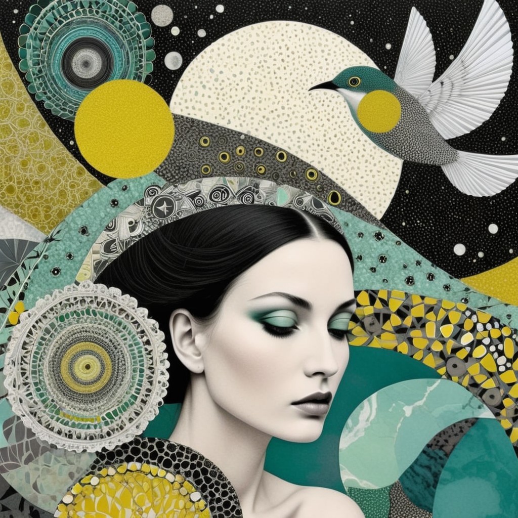 Serene Woman with Abstract Patterns and Bird Motif