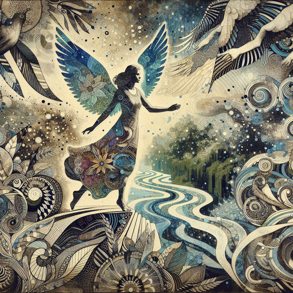 Woman with patterned dress and wings by a river