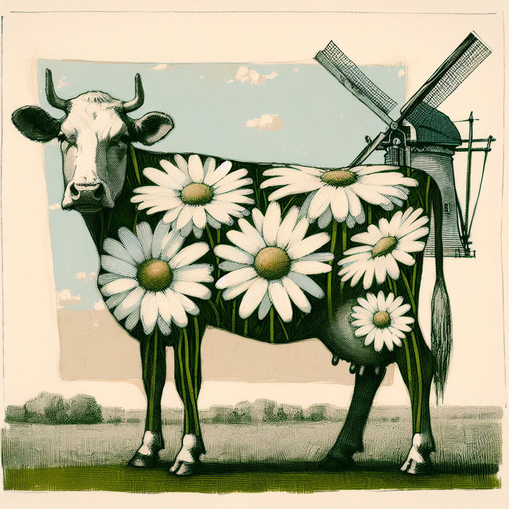 Whimsical Cow Illustration with Daisies and Windmill