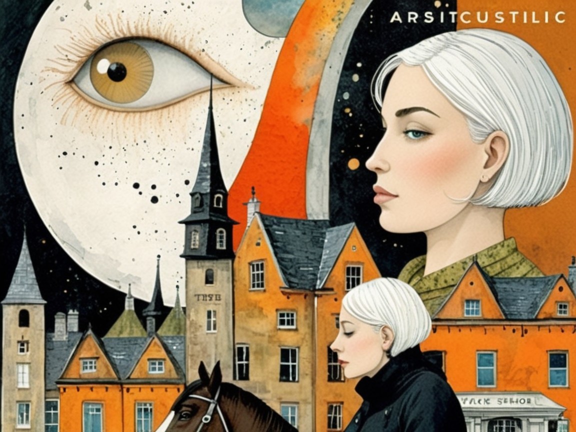 Surreal Artwork of Woman in Whimsical Village Scene