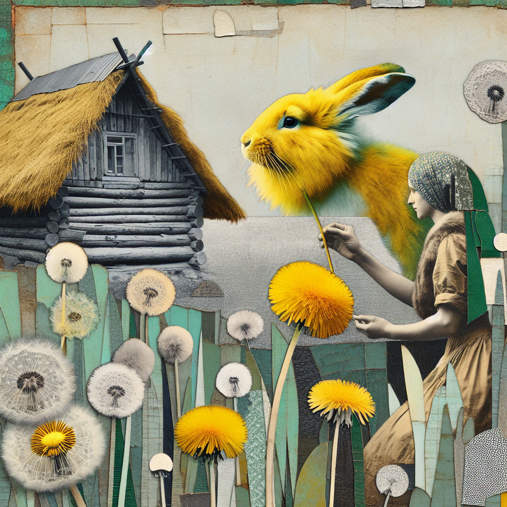 Whimsical Collage of Cabin, Rabbit, and Nature