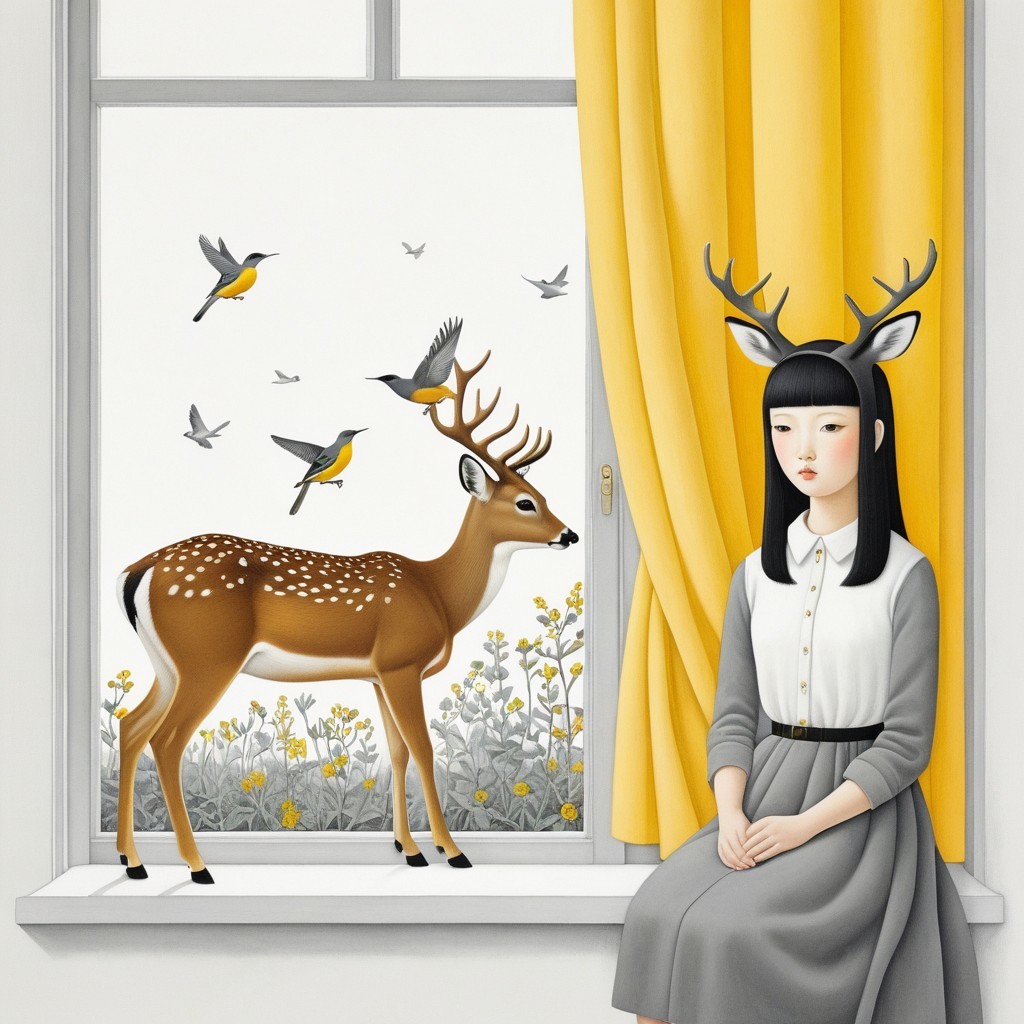 Young Girl with Antlers Gazing by a Window