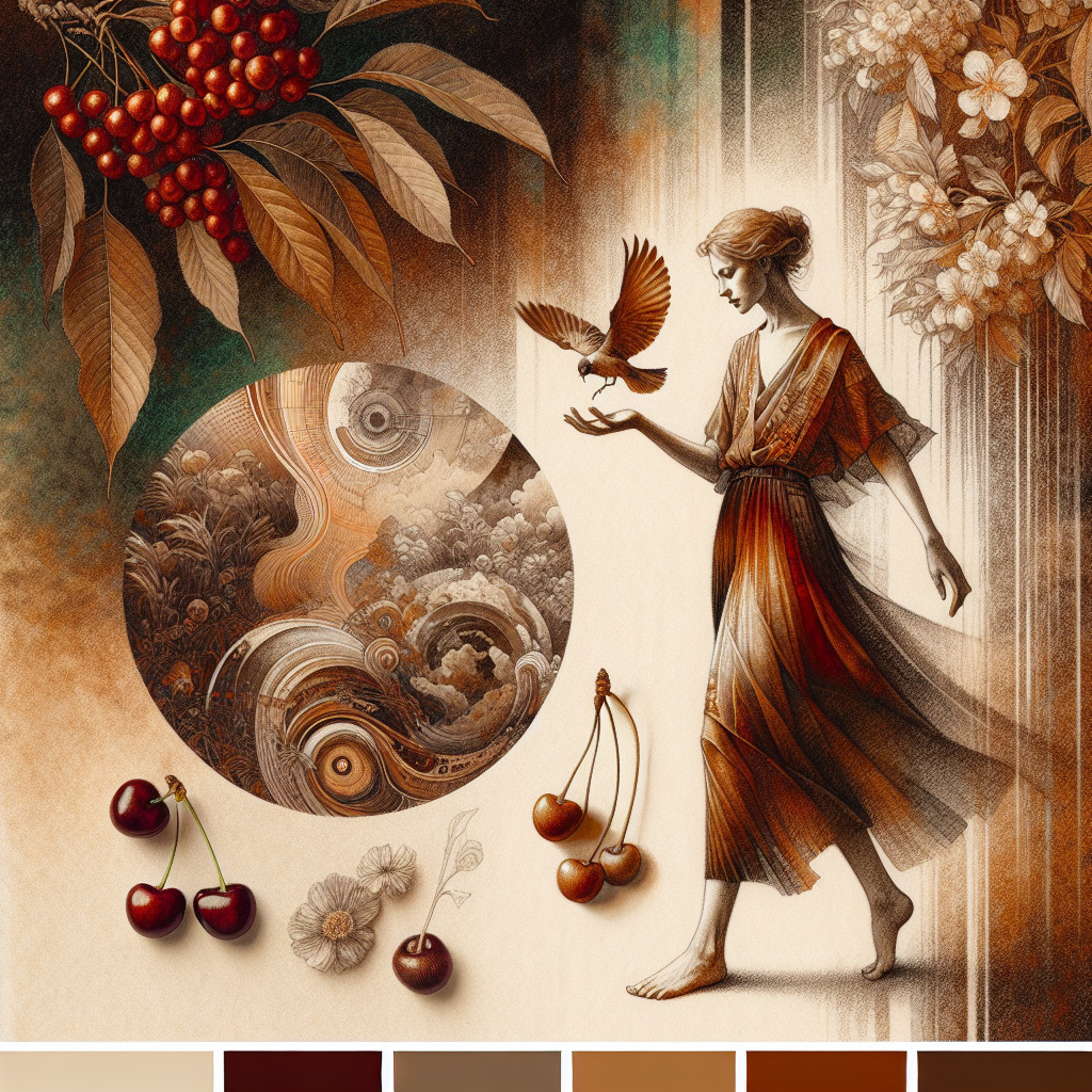 Graceful Woman in Flowing Dress with Bird and Designs