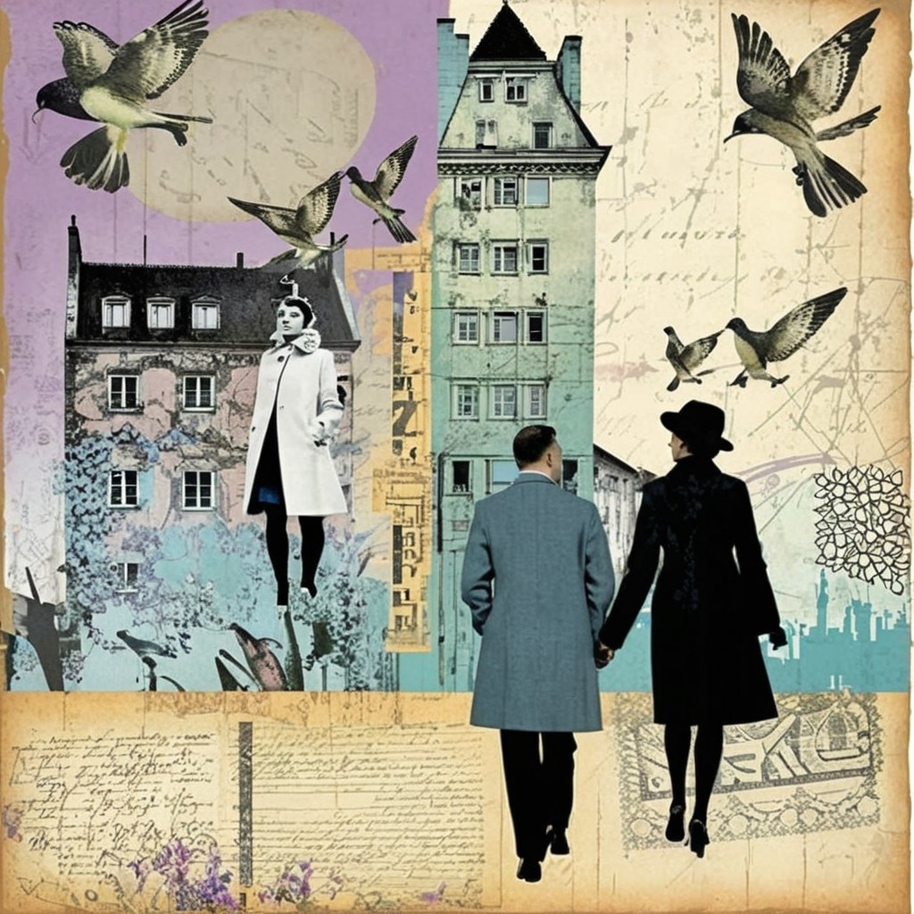 Whimsical Collage of Couple in Vibrant Urban Scene