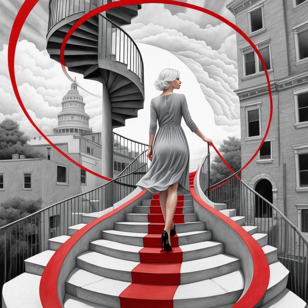 Woman in Gray Dress on Spiral Staircase with Clouds