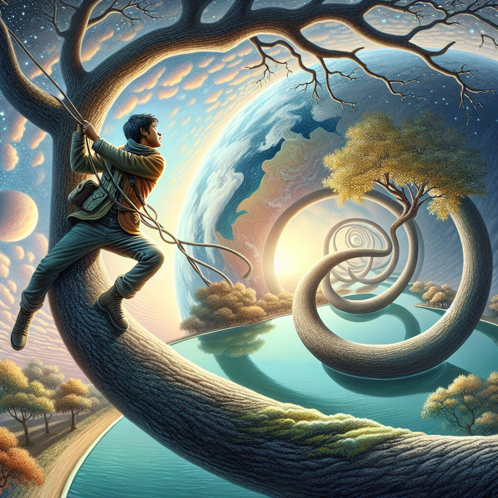 Surreal Landscape with Twisting Tree and Cosmic Elements