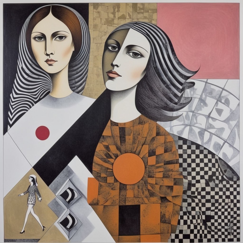 Stylized Female Figures with Geometric Background