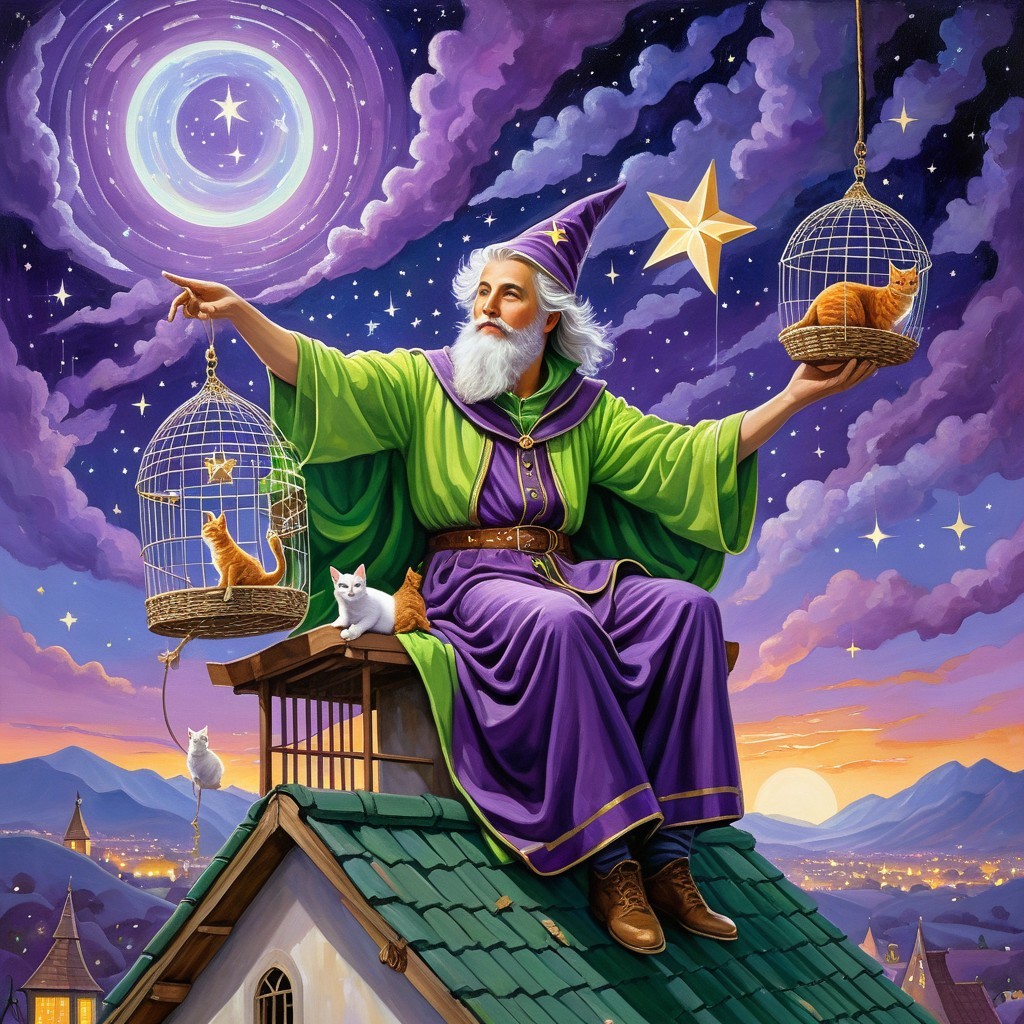 Whimsical Wizard with Cats on Rooftop at Twilight
