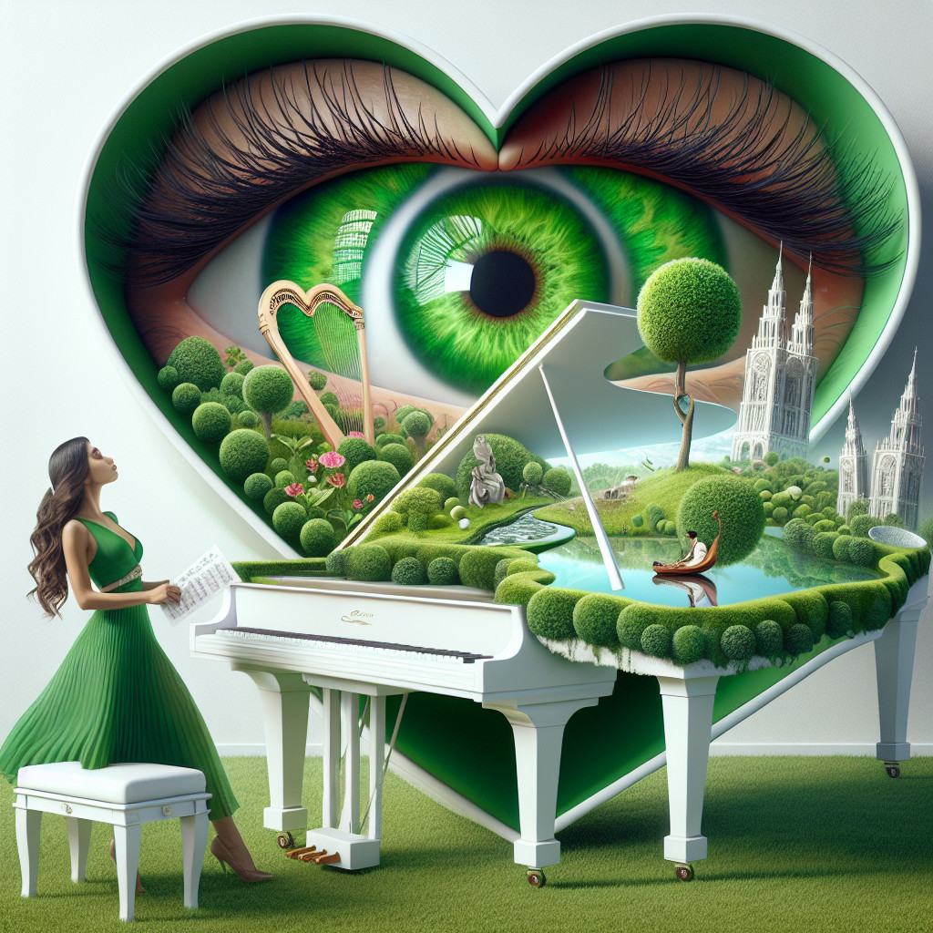 Woman in Green Dress at White Grand Piano in Nature