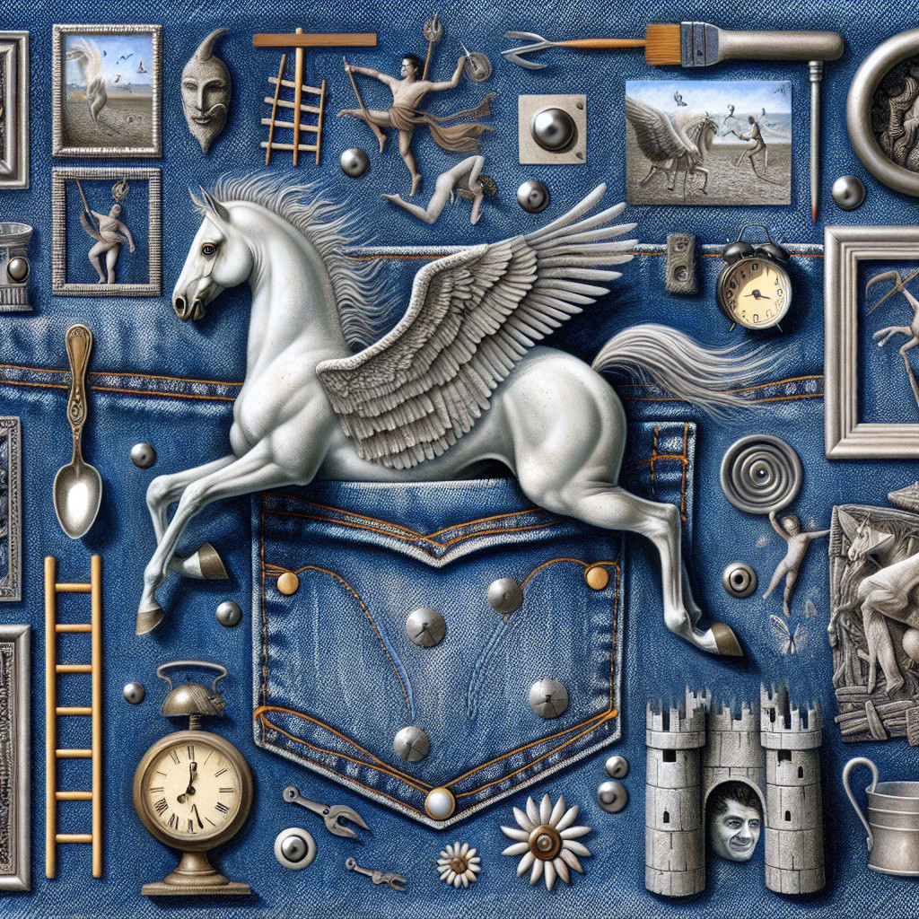 Surreal Collage with Winged Horse on Denim Background