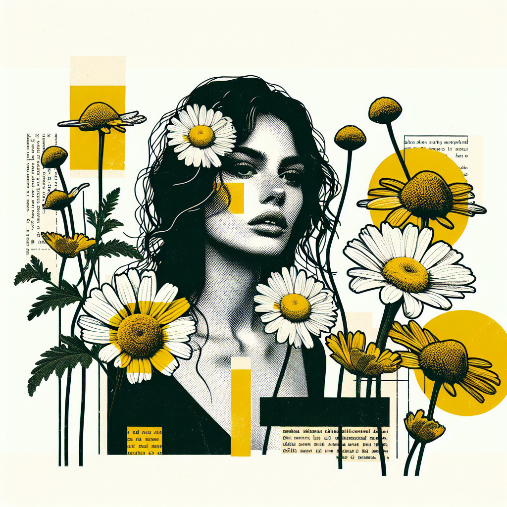 Portrait of a Woman Amidst Daisies and Abstract Shapes