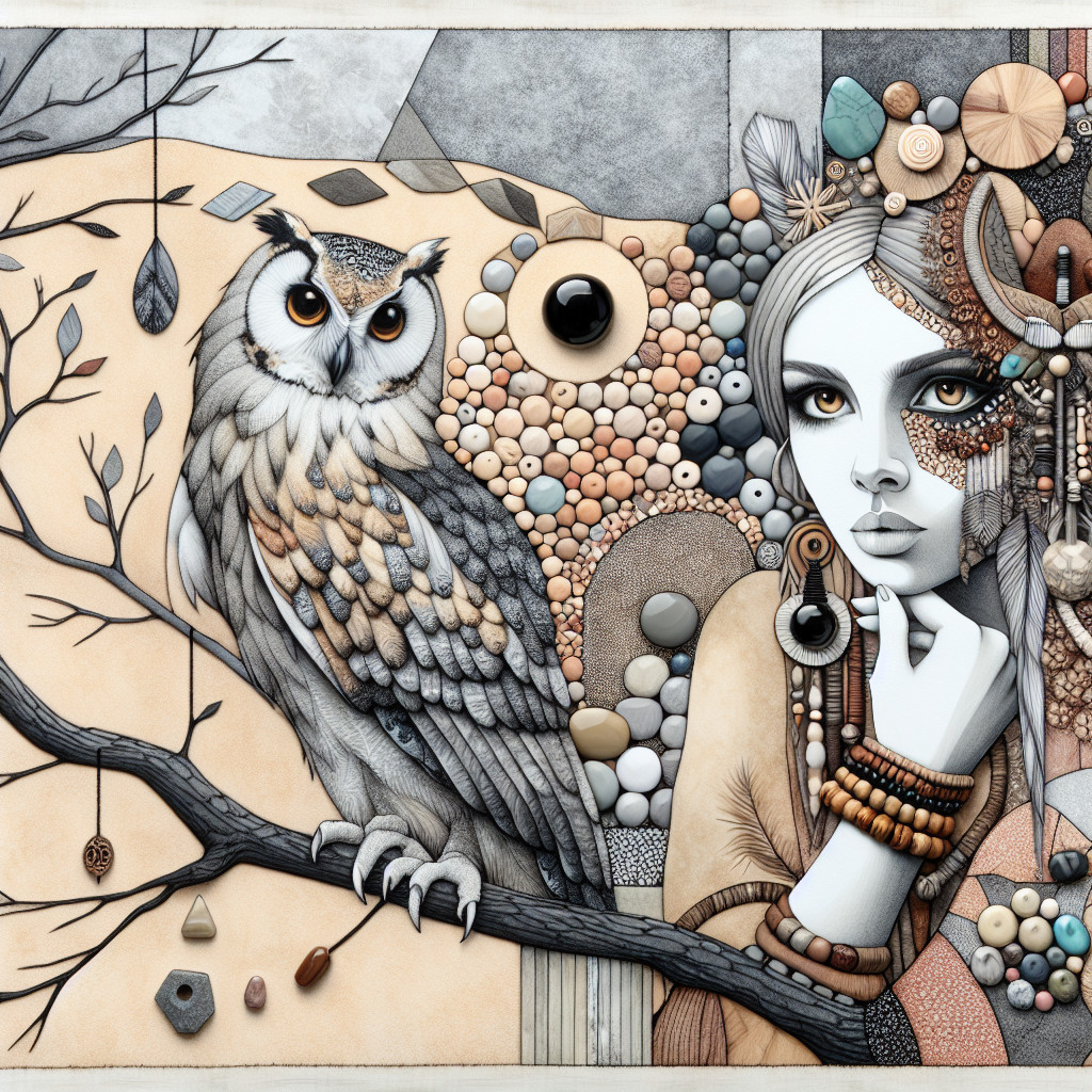 Stylized Owl and Woman in Earthy Decorative Artwork