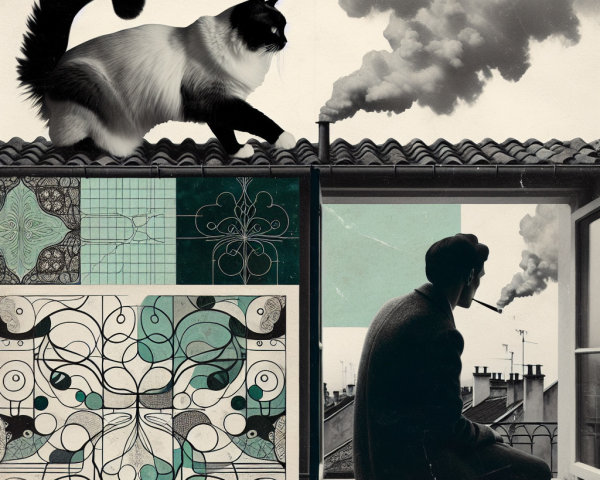 Surreal Artwork of Cat on Rooftops and Abstract Designs