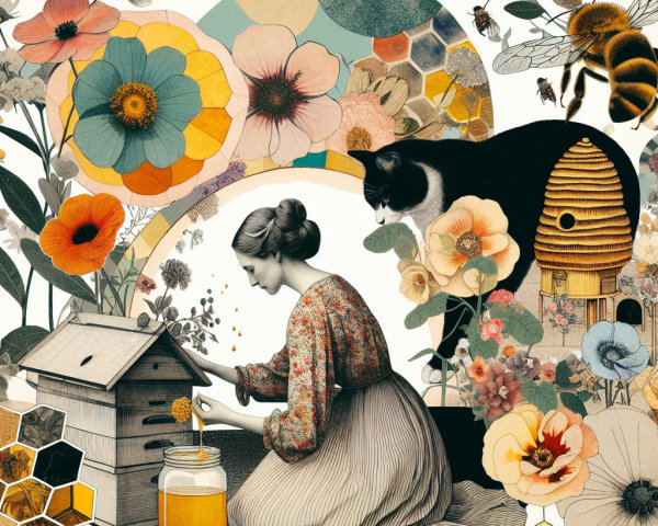 Woman Tending Beehive Amidst Flowers and Bees