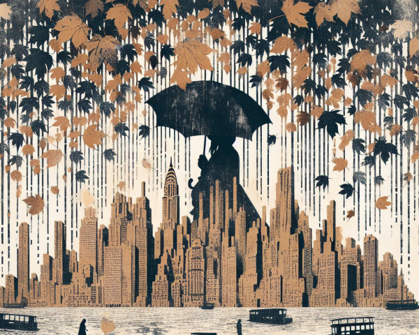 Silhouette with Umbrella Amidst Autumn Leaves and Skyline