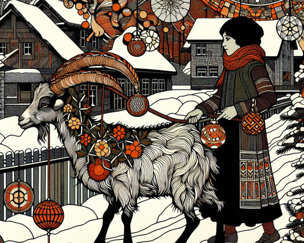 Girl in Winter Attire Walking Decorated Goat in Snow