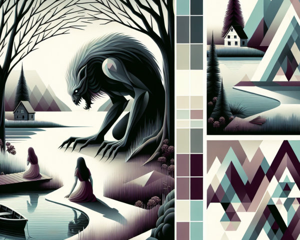 Surreal Landscape with Monstrous Figure and Tranquil Lake