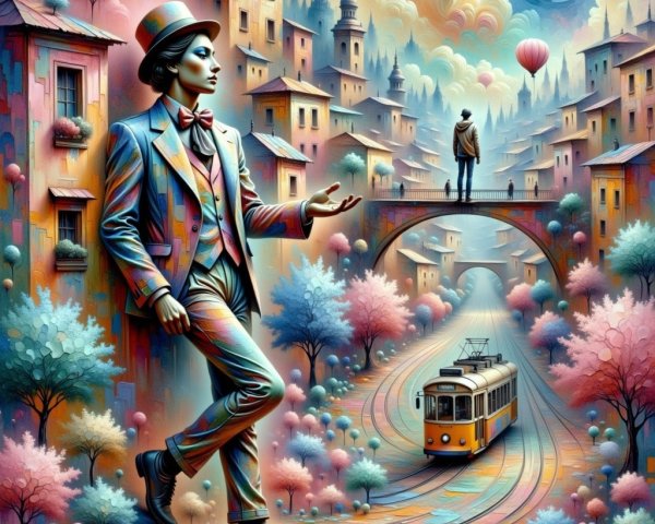 Vibrant Dreamlike Cityscape with Stylish Figure