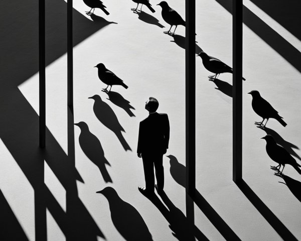 Solitary Figure in Shadowy Environment with Birds