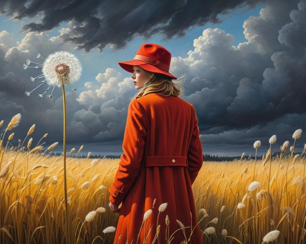 Woman in Red Coat in Golden Wheat Field with Dandelion