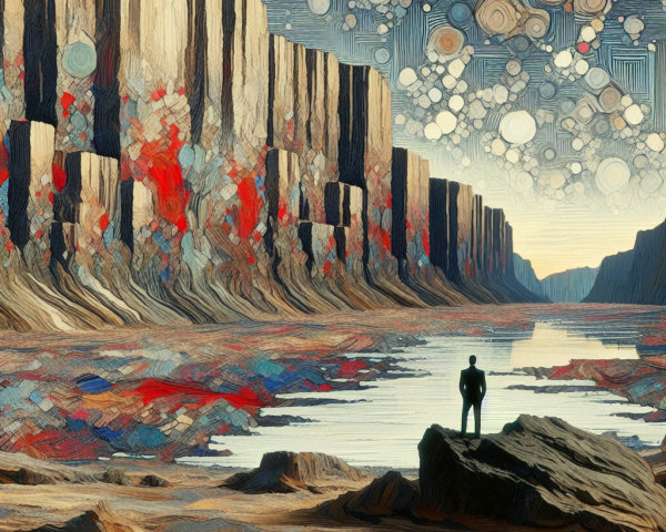 Solitary Figure on Rocky Shore with Vibrant Cliffs