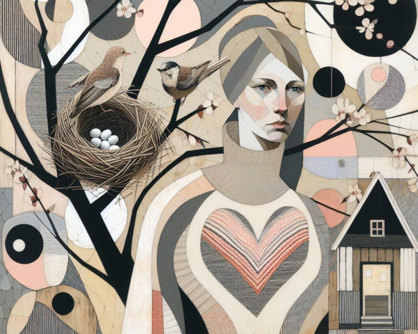Stylized Woman Surrounded by Abstract Shapes and Nature