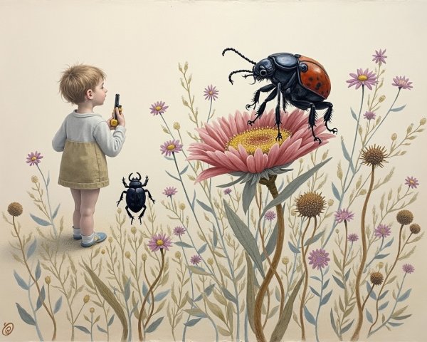 Child with toy gun observing giant beetle on flower