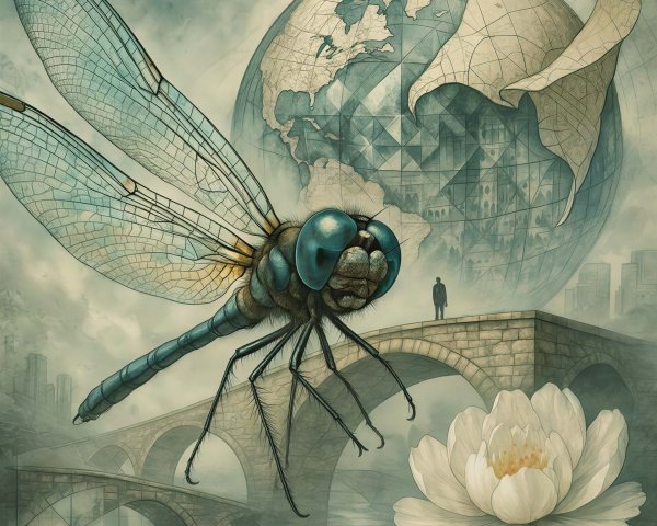 Detailed Dragonfly and Vintage Globe Artwork Description