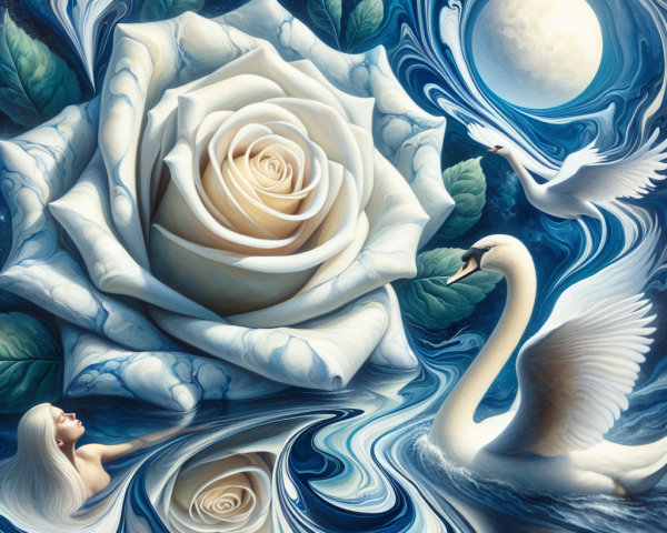 Surreal Scene with Giant White Rose and Floating Woman