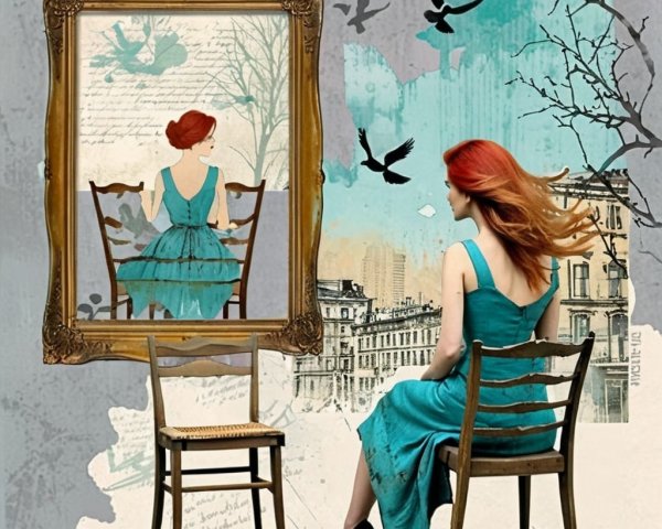 Young Woman in Turquoise Dress by Ornate Mirror