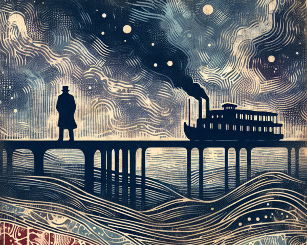 Lone Figure on Pier with Vintage Steamboat at Night