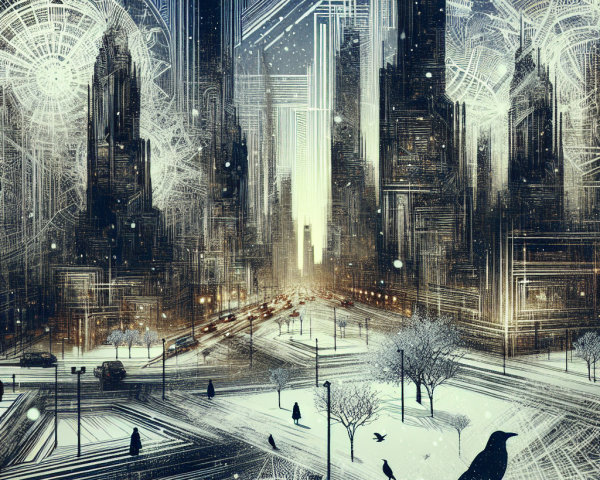 Futuristic cityscape with skyscrapers and snowfall