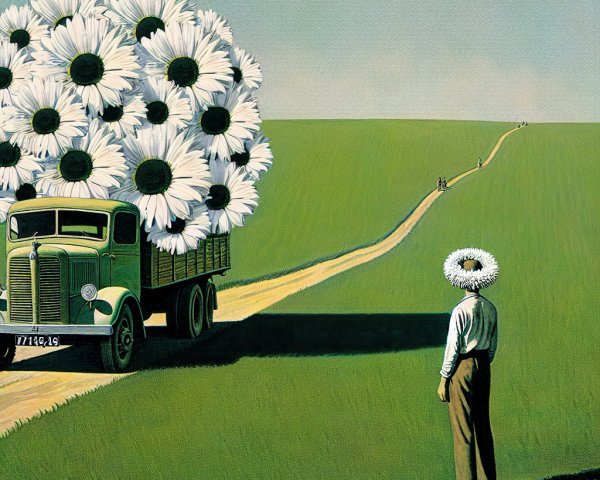 Surreal Scene with Vintage Truck and Daisies