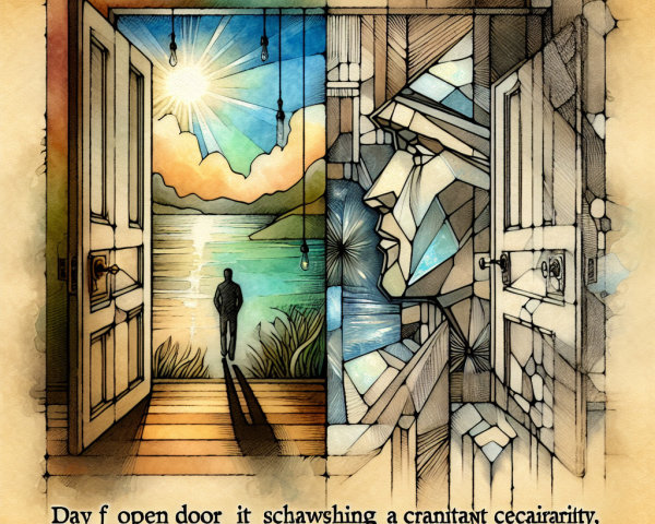 Open Door to Serene Lake and Mountain Landscape