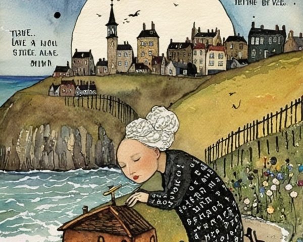 Whimsical Illustration of Woman by the Sea and Moon