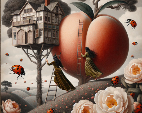 Whimsical Landscape with Women, Peach, and Treehouse